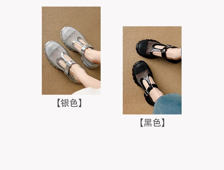 Spring/Summer low-cut, openwork mesh breathable perforated women's shoes, 6.5cm high heel, chunky heel, platform sole.