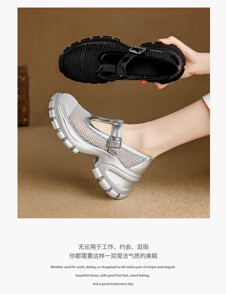 Spring/Summer low-cut, openwork mesh breathable perforated women's shoes, 6.5cm high heel, chunky heel, platform sole.
