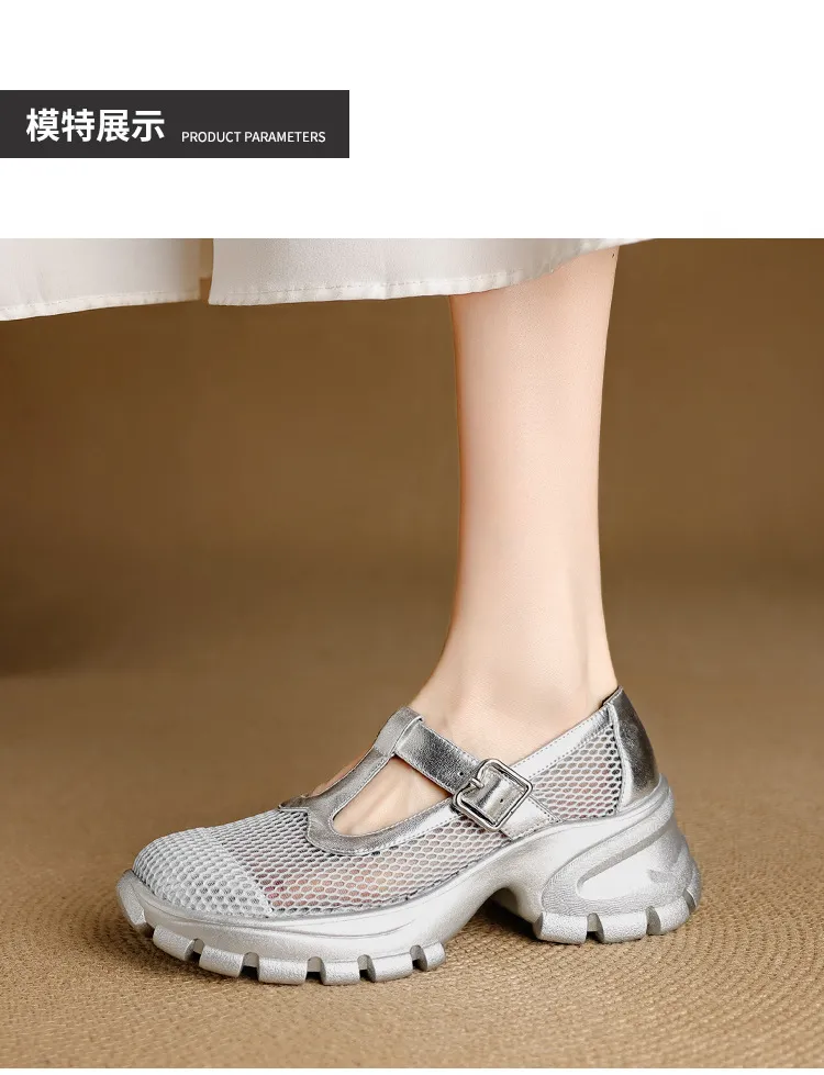 Spring/Summer low-cut, openwork mesh breathable perforated women's shoes, 6.5cm high heel, chunky heel, platform sole.