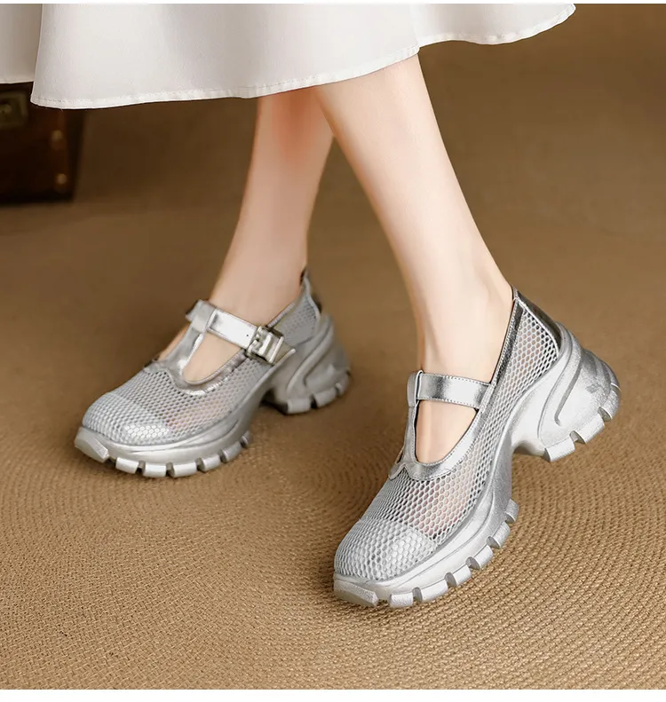 Spring/Summer low-cut, openwork mesh breathable perforated women's shoes, 6.5cm high heel, chunky heel, platform sole.