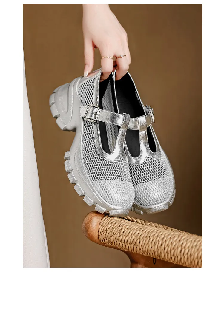 Spring/Summer low-cut, openwork mesh breathable perforated women's shoes, 6.5cm high heel, chunky heel, platform sole.
