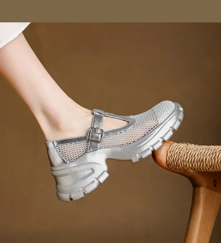 Spring/Summer low-cut, openwork mesh breathable perforated women's shoes, 6.5cm high heel, chunky heel, platform sole.