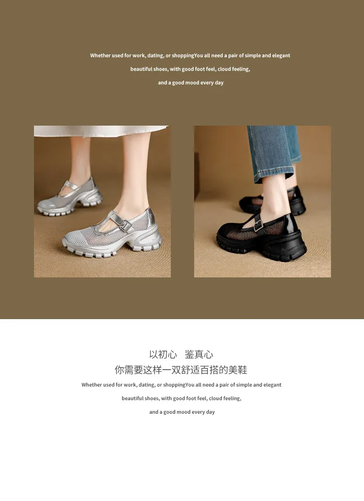 Spring/Summer low-cut, openwork mesh breathable perforated women's shoes, 6.5cm high heel, chunky heel, platform sole.