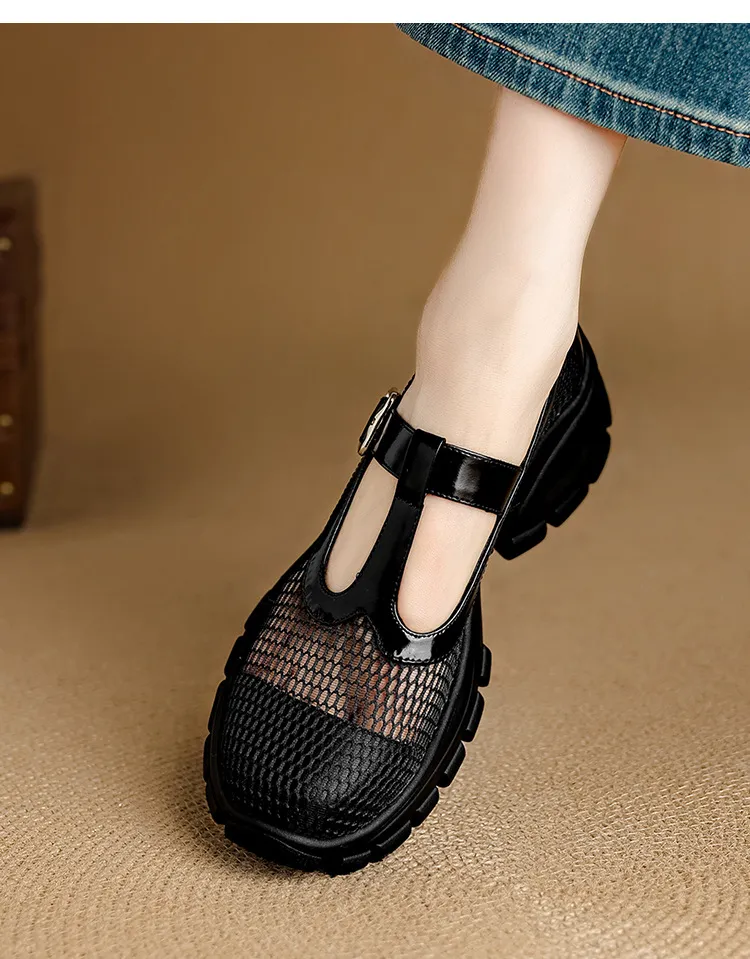 Spring/Summer low-cut, openwork mesh breathable perforated women's shoes, 6.5cm high heel, chunky heel, platform sole.