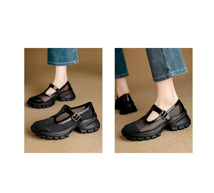 Spring/Summer low-cut, openwork mesh breathable perforated women's shoes, 6.5cm high heel, chunky heel, platform sole.