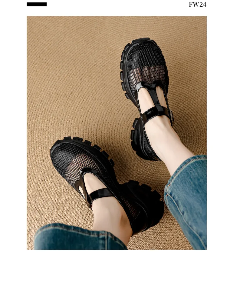 Spring/Summer low-cut, openwork mesh breathable perforated women's shoes, 6.5cm high heel, chunky heel, platform sole.