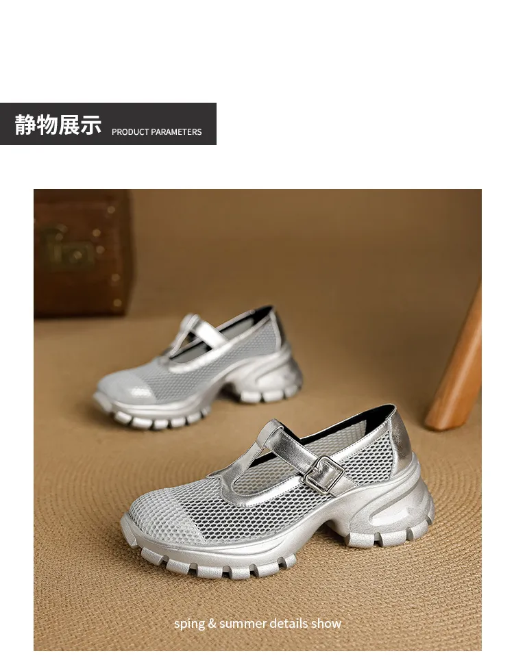 Spring/Summer low-cut, openwork mesh breathable perforated women's shoes, 6.5cm high heel, chunky heel, platform sole.