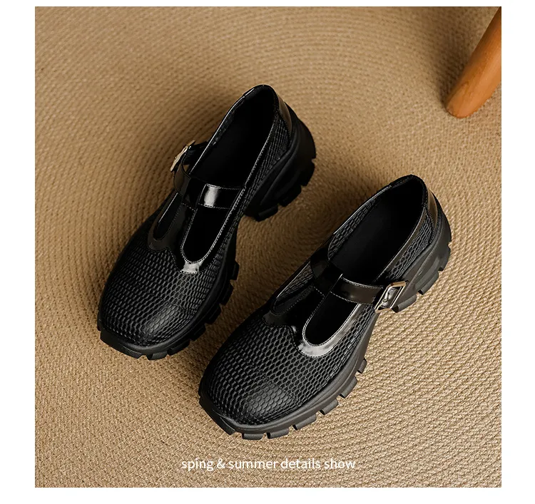 Spring/Summer low-cut, openwork mesh breathable perforated women's shoes, 6.5cm high heel, chunky heel, platform sole.