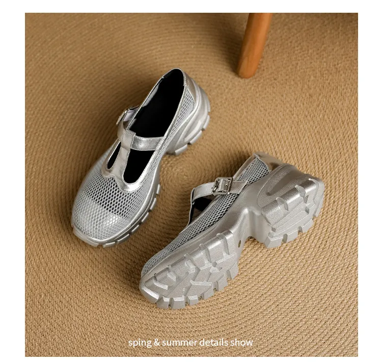 Spring/Summer low-cut, openwork mesh breathable perforated women's shoes, 6.5cm high heel, chunky heel, platform sole.