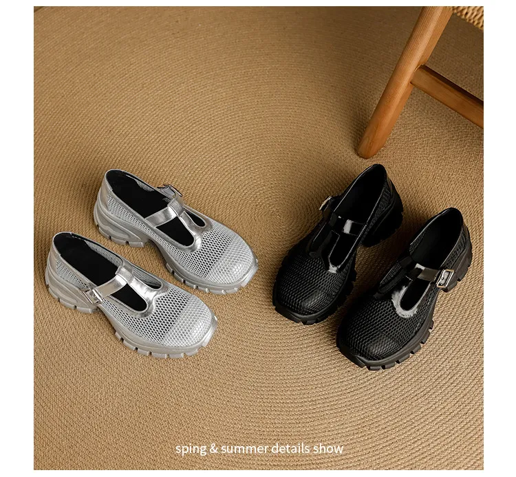 Spring/Summer low-cut, openwork mesh breathable perforated women's shoes, 6.5cm high heel, chunky heel, platform sole.
