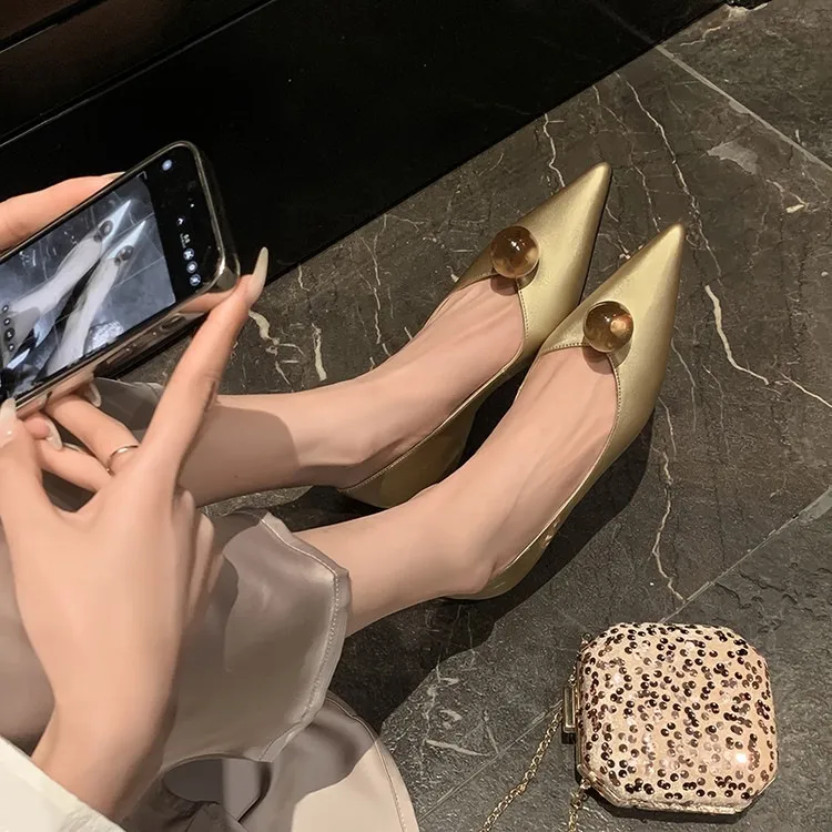 Leather French-style flat shoes, spring and autumn, silver, with hidden wedge heel, pointed toe, elegant women's shoes.