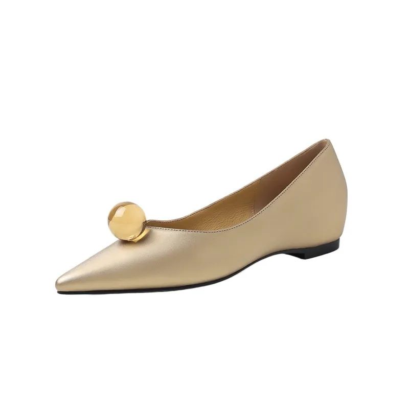 Leather French-style flat shoes, spring and autumn, silver, with hidden wedge heel, pointed toe, elegant women's shoes.