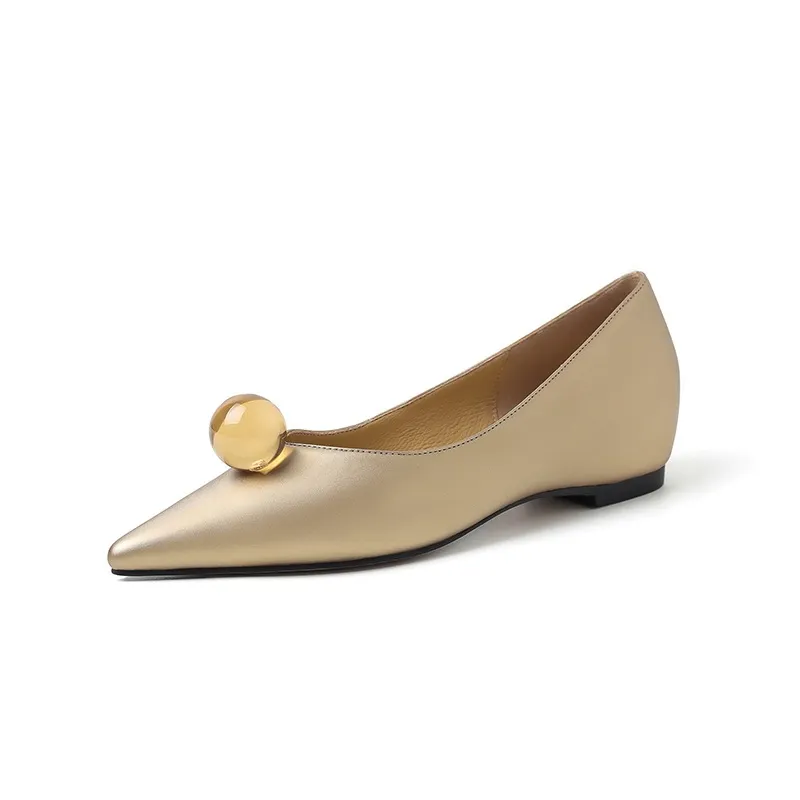 Leather French-style flat shoes, spring and autumn, silver, with hidden wedge heel, pointed toe, elegant women's shoes.
