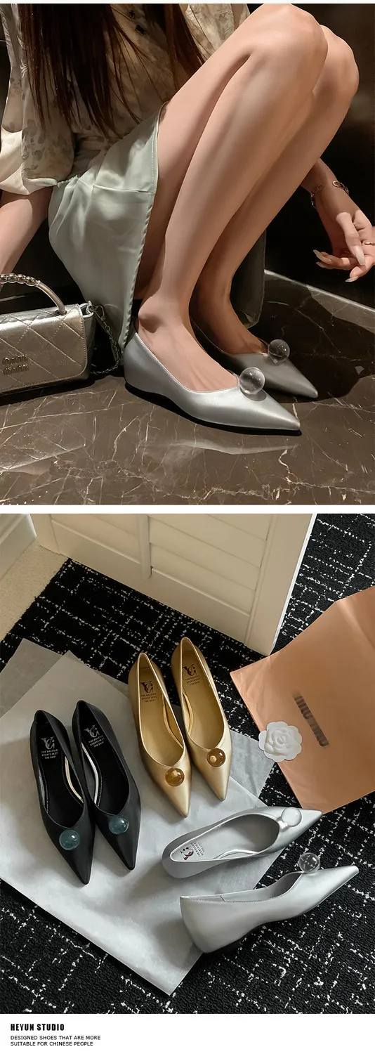 Leather French-style flat shoes, spring and autumn, silver, with hidden wedge heel, pointed toe, elegant women's shoes.
