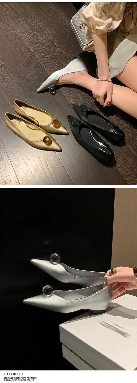 Leather French-style flat shoes, spring and autumn, silver, with hidden wedge heel, pointed toe, elegant women's shoes.