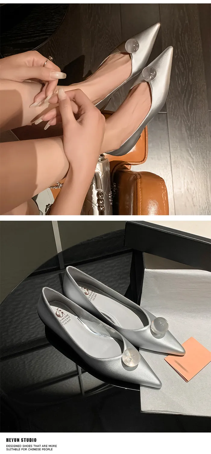 Leather French-style flat shoes, spring and autumn, silver, with hidden wedge heel, pointed toe, elegant women's shoes.