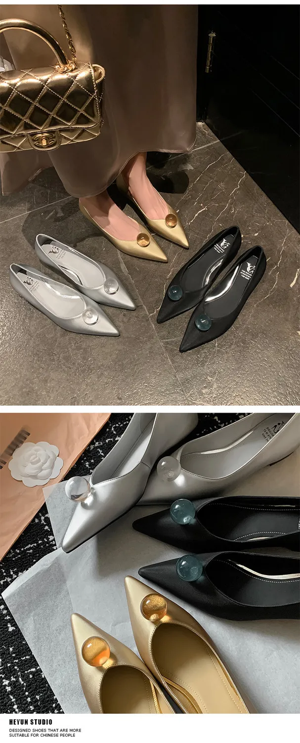Leather French-style flat shoes, spring and autumn, silver, with hidden wedge heel, pointed toe, elegant women's shoes.