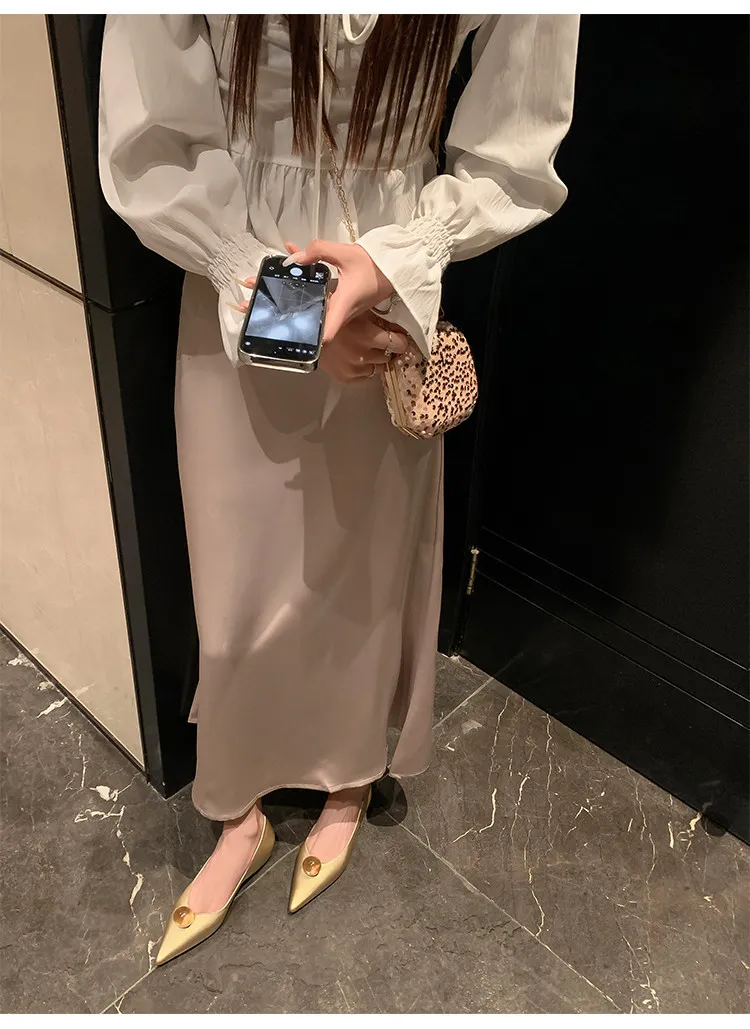 Leather French-style flat shoes, spring and autumn, silver, with hidden wedge heel, pointed toe, elegant women's shoes.