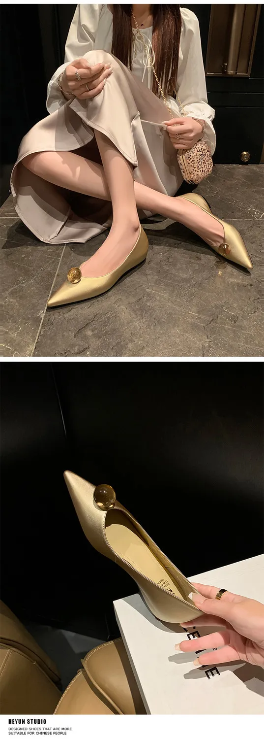 Leather French-style flat shoes, spring and autumn, silver, with hidden wedge heel, pointed toe, elegant women's shoes.