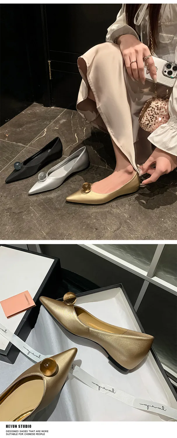 Leather French-style flat shoes, spring and autumn, silver, with hidden wedge heel, pointed toe, elegant women's shoes.