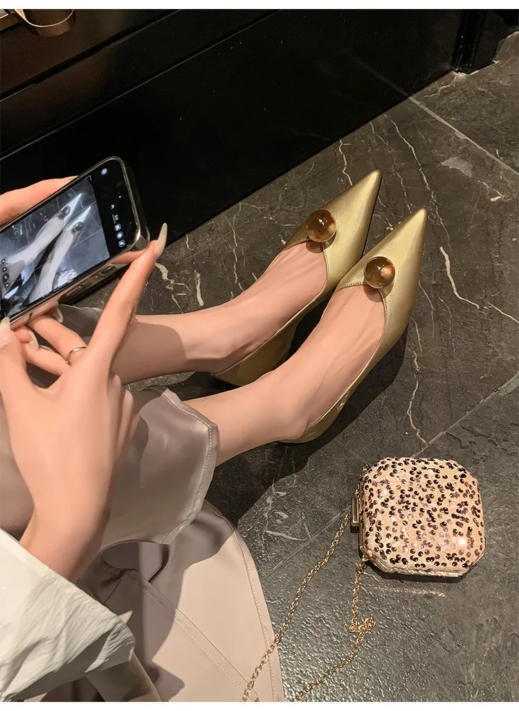 Leather French-style flat shoes, spring and autumn, silver, with hidden wedge heel, pointed toe, elegant women's shoes.