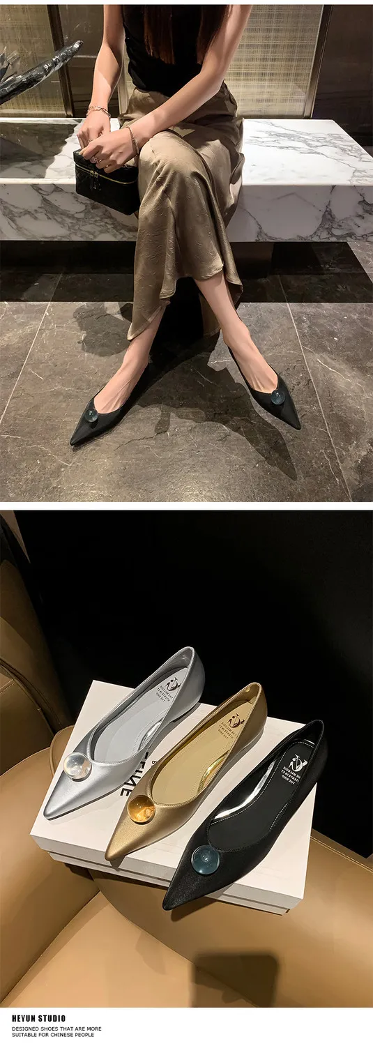 Leather French-style flat shoes, spring and autumn, silver, with hidden wedge heel, pointed toe, elegant women's shoes.