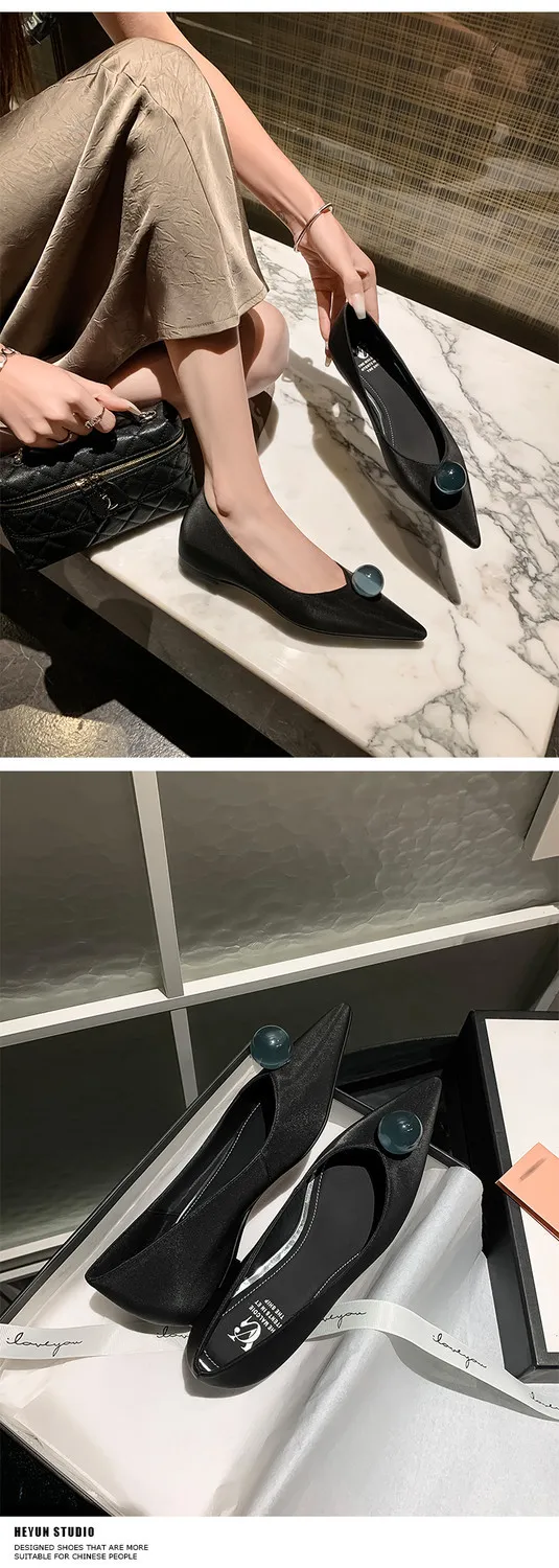 Leather French-style flat shoes, spring and autumn, silver, with hidden wedge heel, pointed toe, elegant women's shoes.