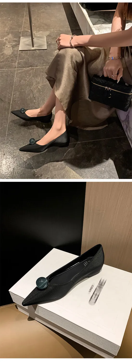 Leather French-style flat shoes, spring and autumn, silver, with hidden wedge heel, pointed toe, elegant women's shoes.
