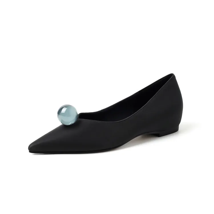 Leather French-style flat shoes, spring and autumn, silver, with hidden wedge heel, pointed toe, elegant women's shoes.