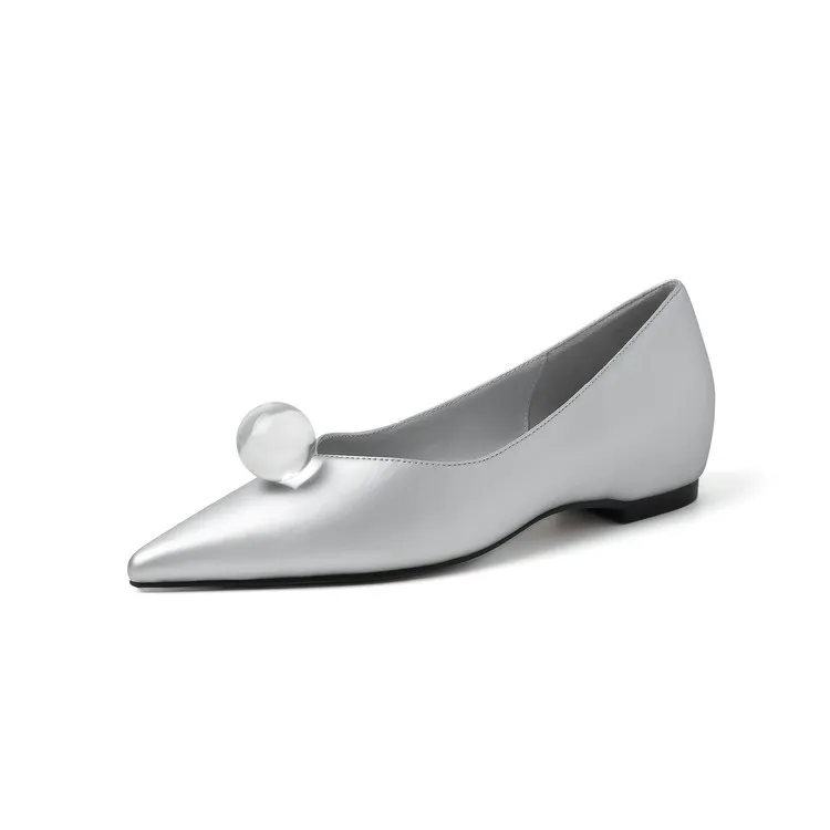 Leather French-style flat shoes, spring and autumn, silver, with hidden wedge heel, pointed toe, elegant women's shoes.
