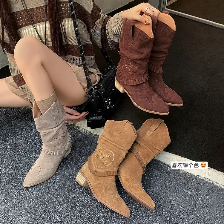 Autumn/Winter Chunky Heel High-Heel Round Toe Ankle Boots, Leather Embroidery, Western Style Slouch Boots 9-1c Fashion