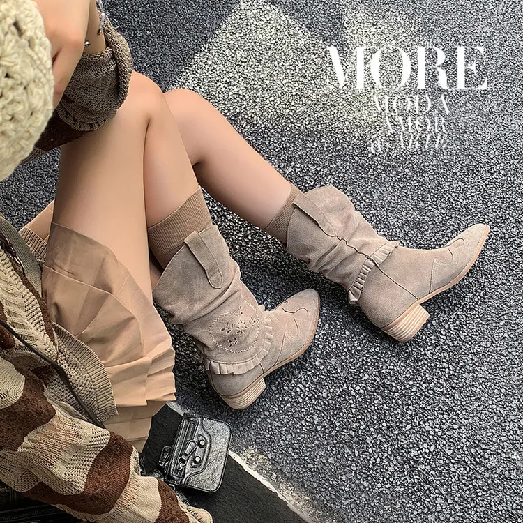 Autumn/Winter Chunky Heel High-Heel Round Toe Ankle Boots, Leather Embroidery, Western Style Slouch Boots 9-1c Fashion