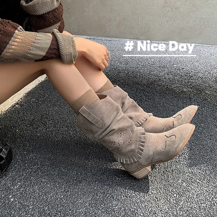 Autumn/Winter Chunky Heel High-Heel Round Toe Ankle Boots, Leather Embroidery, Western Style Slouch Boots 9-1c Fashion