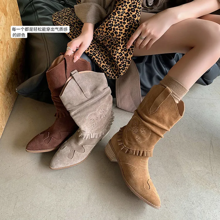 Autumn/Winter Chunky Heel High-Heel Round Toe Ankle Boots, Leather Embroidery, Western Style Slouch Boots 9-1c Fashion