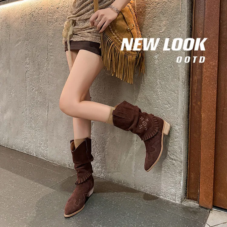 Autumn/Winter Chunky Heel High-Heel Round Toe Ankle Boots, Leather Embroidery, Western Style Slouch Boots 9-1c Fashion