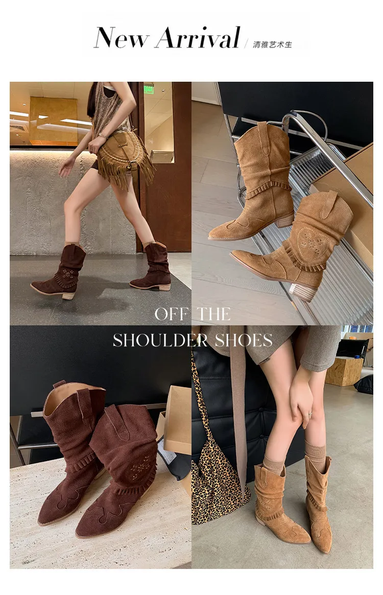 Autumn/Winter Chunky Heel High-Heel Round Toe Ankle Boots, Leather Embroidery, Western Style Slouch Boots 9-1c Fashion
