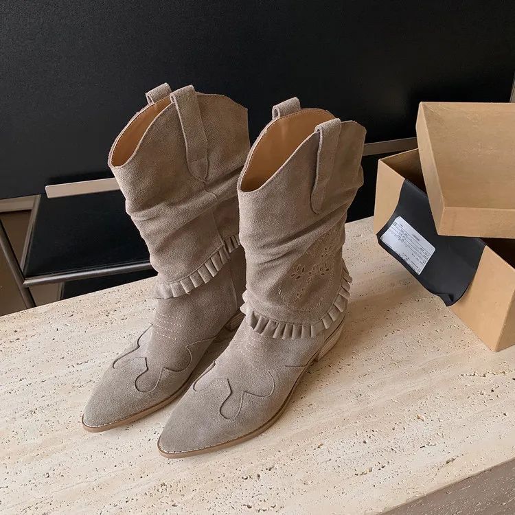 Autumn/Winter Chunky Heel High-Heel Round Toe Ankle Boots, Leather Embroidery, Western Style Slouch Boots 9-1c Fashion
