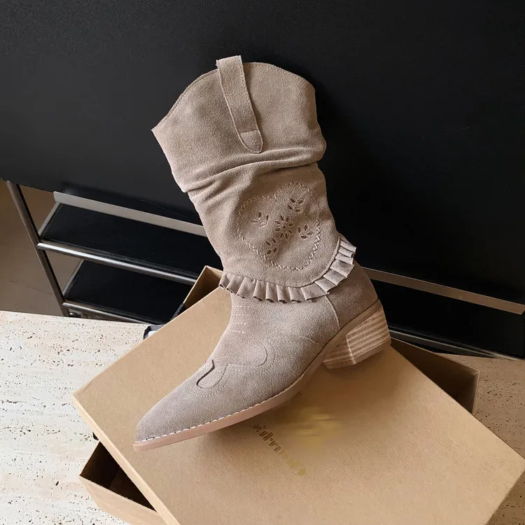 Autumn/Winter Chunky Heel High-Heel Round Toe Ankle Boots, Leather Embroidery, Western Style Slouch Boots 9-1c Fashion
