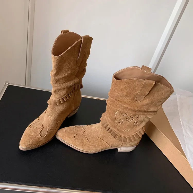 Autumn/Winter Chunky Heel High-Heel Round Toe Ankle Boots, Leather Embroidery, Western Style Slouch Boots 9-1c Fashion