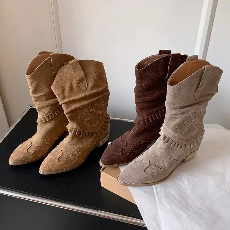 Autumn/Winter Chunky Heel High-Heel Round Toe Ankle Boots, Leather Embroidery, Western Style Slouch Boots 9-1c Fashion