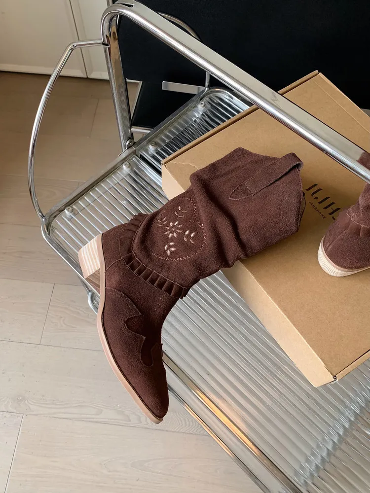 Autumn/Winter Chunky Heel High-Heel Round Toe Ankle Boots, Leather Embroidery, Western Style Slouch Boots 9-1c Fashion