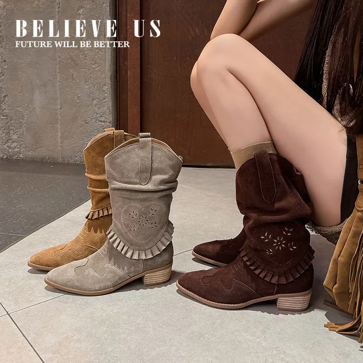 Autumn/Winter Chunky Heel High-Heel Round Toe Ankle Boots, Leather Embroidery, Western Style Slouch Boots 9-1c Fashion