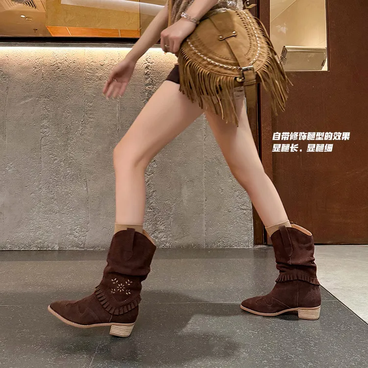Autumn/Winter Chunky Heel High-Heel Round Toe Ankle Boots, Leather Embroidery, Western Style Slouch Boots 9-1c Fashion