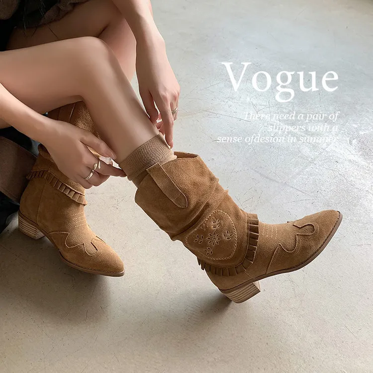 Autumn/Winter Chunky Heel High-Heel Round Toe Ankle Boots, Leather Embroidery, Western Style Slouch Boots 9-1c Fashion