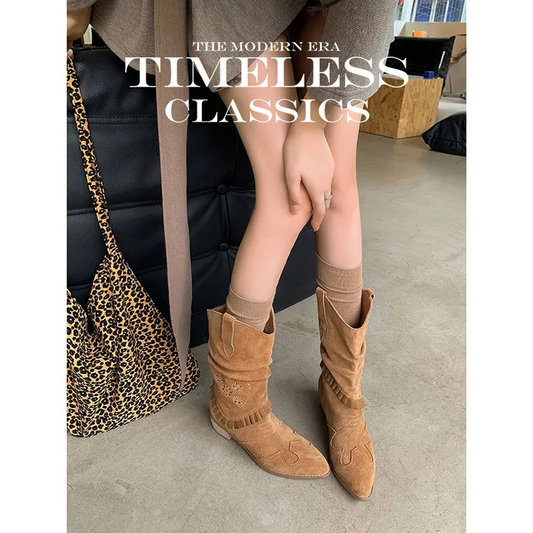 Autumn/Winter Chunky Heel High-Heel Round Toe Ankle Boots, Leather Embroidery, Western Style Slouch Boots 9-1c Fashion