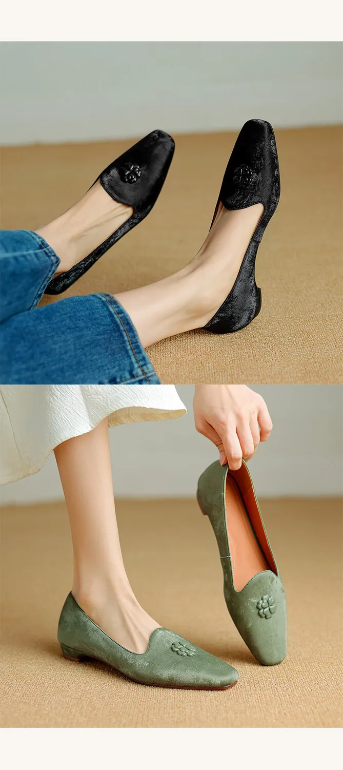Fashionable Spring and Autumn French-style Chinese-style New Chinese style single shoes with skirts, soft soles, and floral decorations.