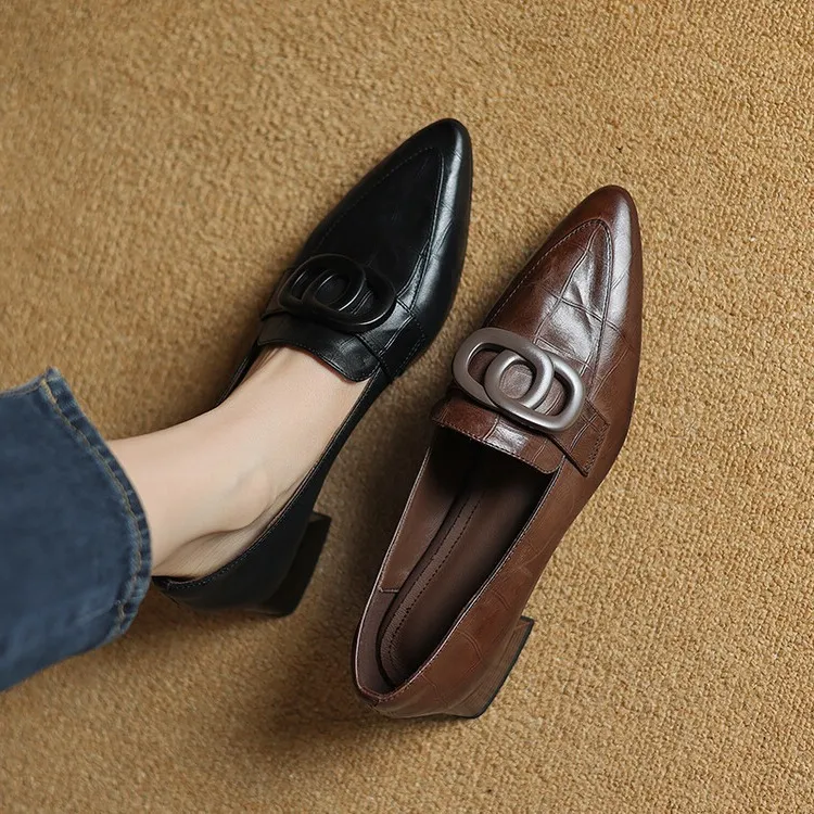French-style genuine leather retro 3cm chunky heel mid-heel women's shoes, spring and autumn style pointed toe deep mouth single shoes commuting work shoes