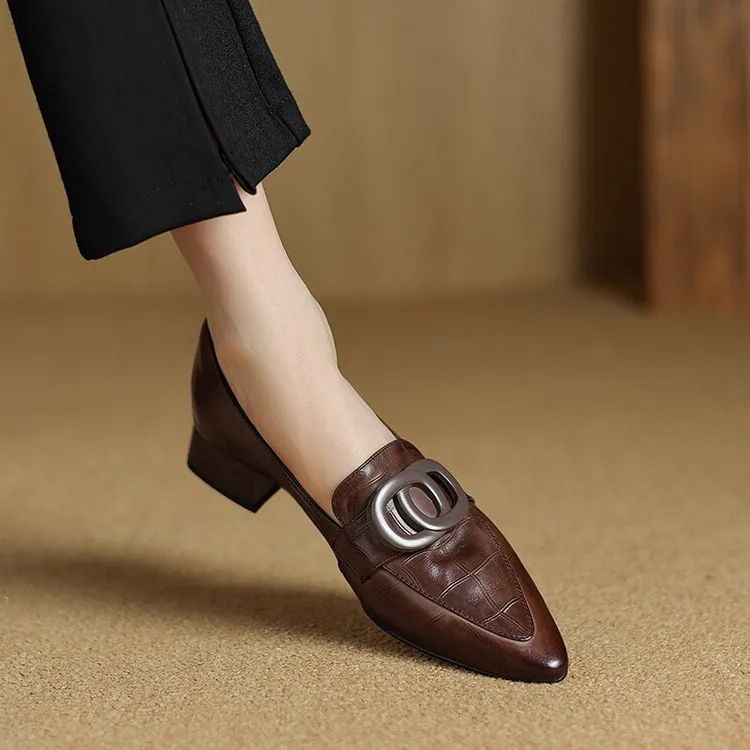 French-style genuine leather retro 3cm chunky heel mid-heel women's shoes, spring and autumn style pointed toe deep mouth single shoes commuting work shoes