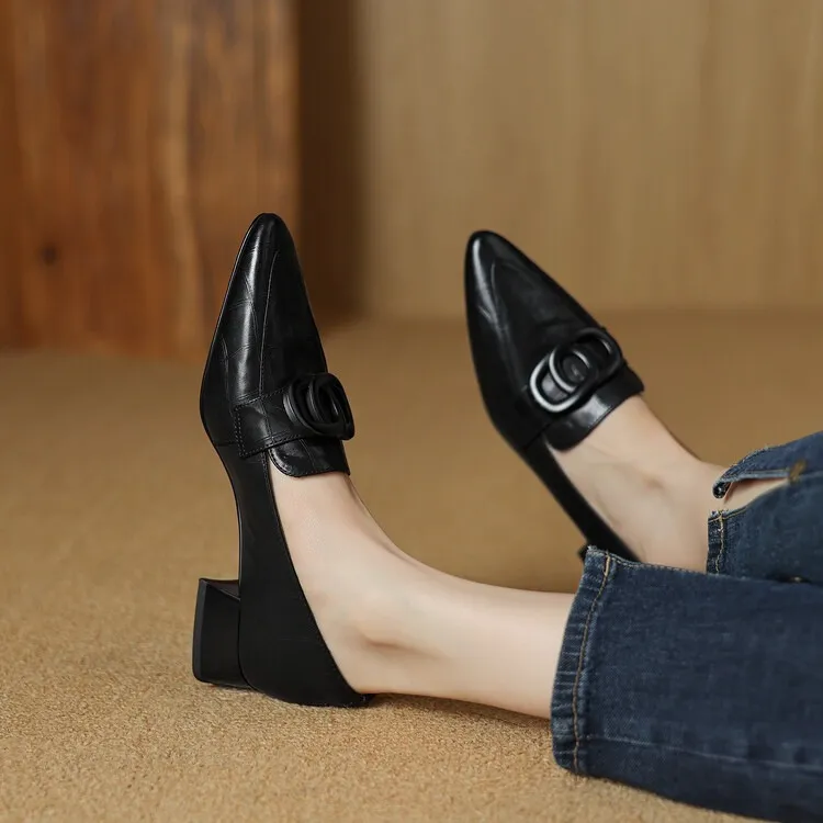 French-style genuine leather retro 3cm chunky heel mid-heel women's shoes, spring and autumn style pointed toe deep mouth single shoes commuting work shoes
