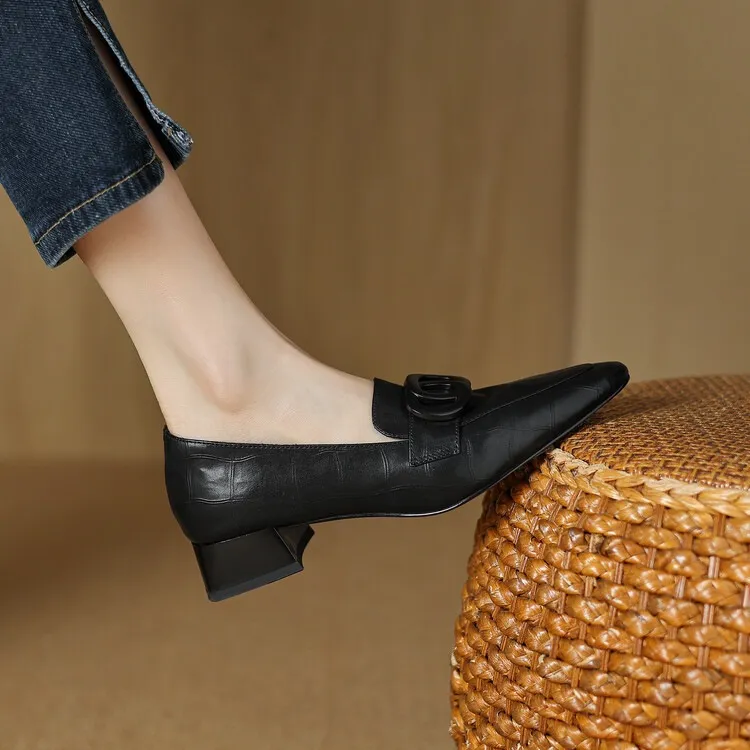 French-style genuine leather retro 3cm chunky heel mid-heel women's shoes, spring and autumn style pointed toe deep mouth single shoes commuting work shoes